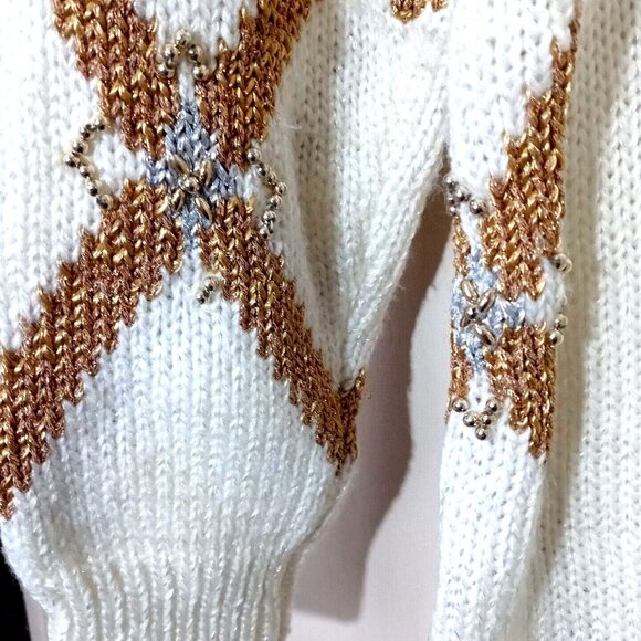 Y2k Jaclyn Smith Argyle Cardigan Sweater Medium Holiday Festive Cream Glitter Wa - Picture 9 of 9